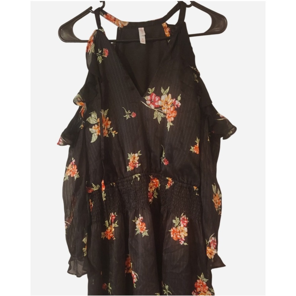 Xhilaration Black Floral Cold Shoulder Ruffle Mini Dress Smocked Waist Medium